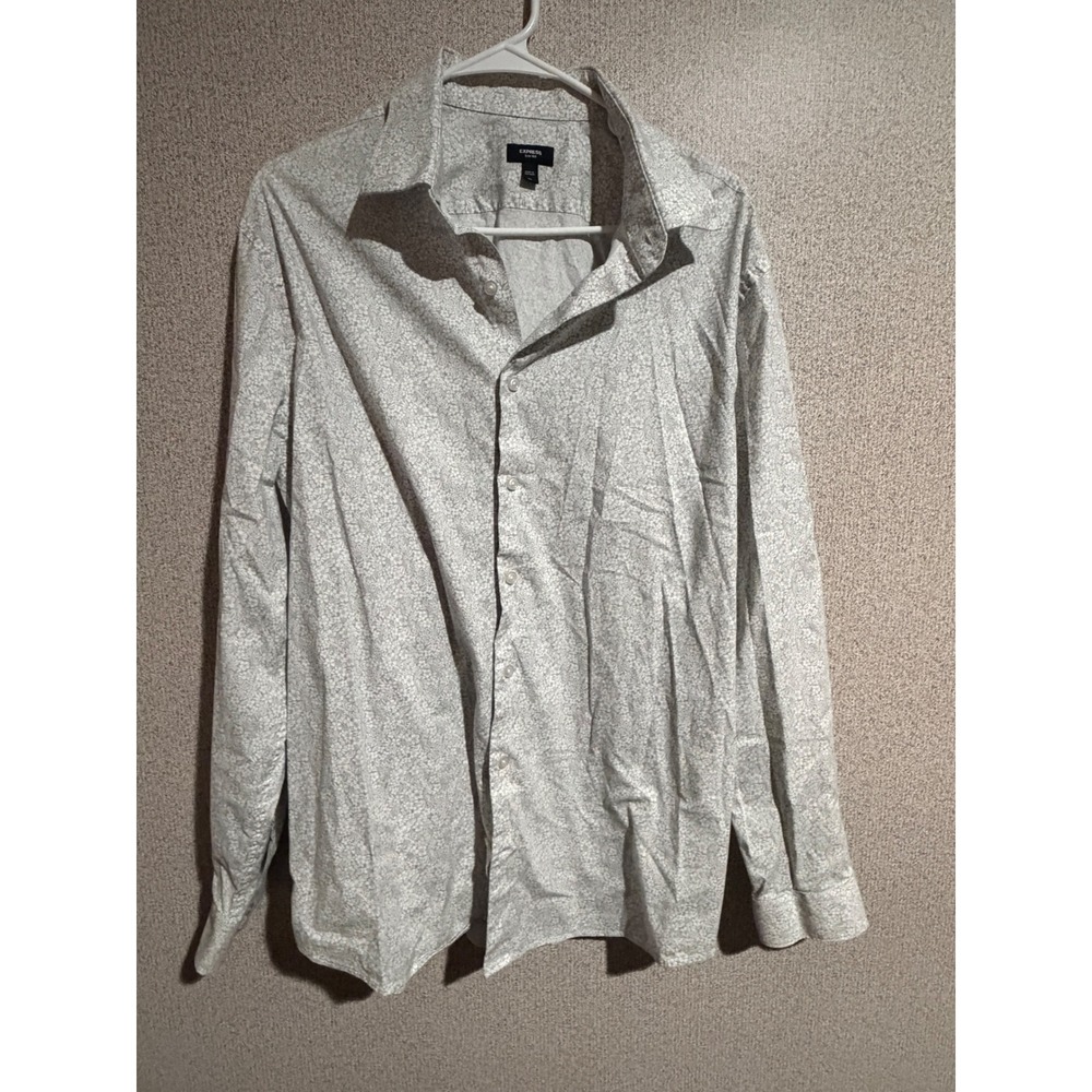 Express Slim 1MX Mens XL Floral Button Up Shirt Long Sleeve Grey White‎ Pattern